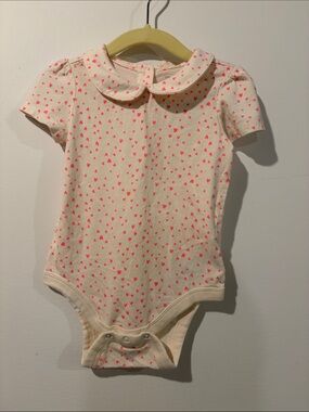 Baby Girls Cream Onesie with Pink Heart Print and Peter Pan Collar